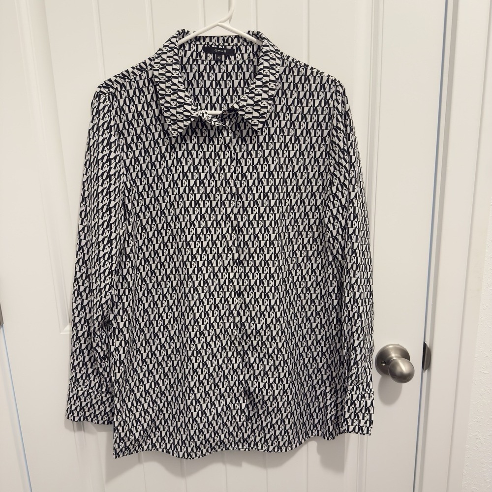 Opus Women's Black And White "Love" Long Sleeve Button Up Blouse Size 40(medium)